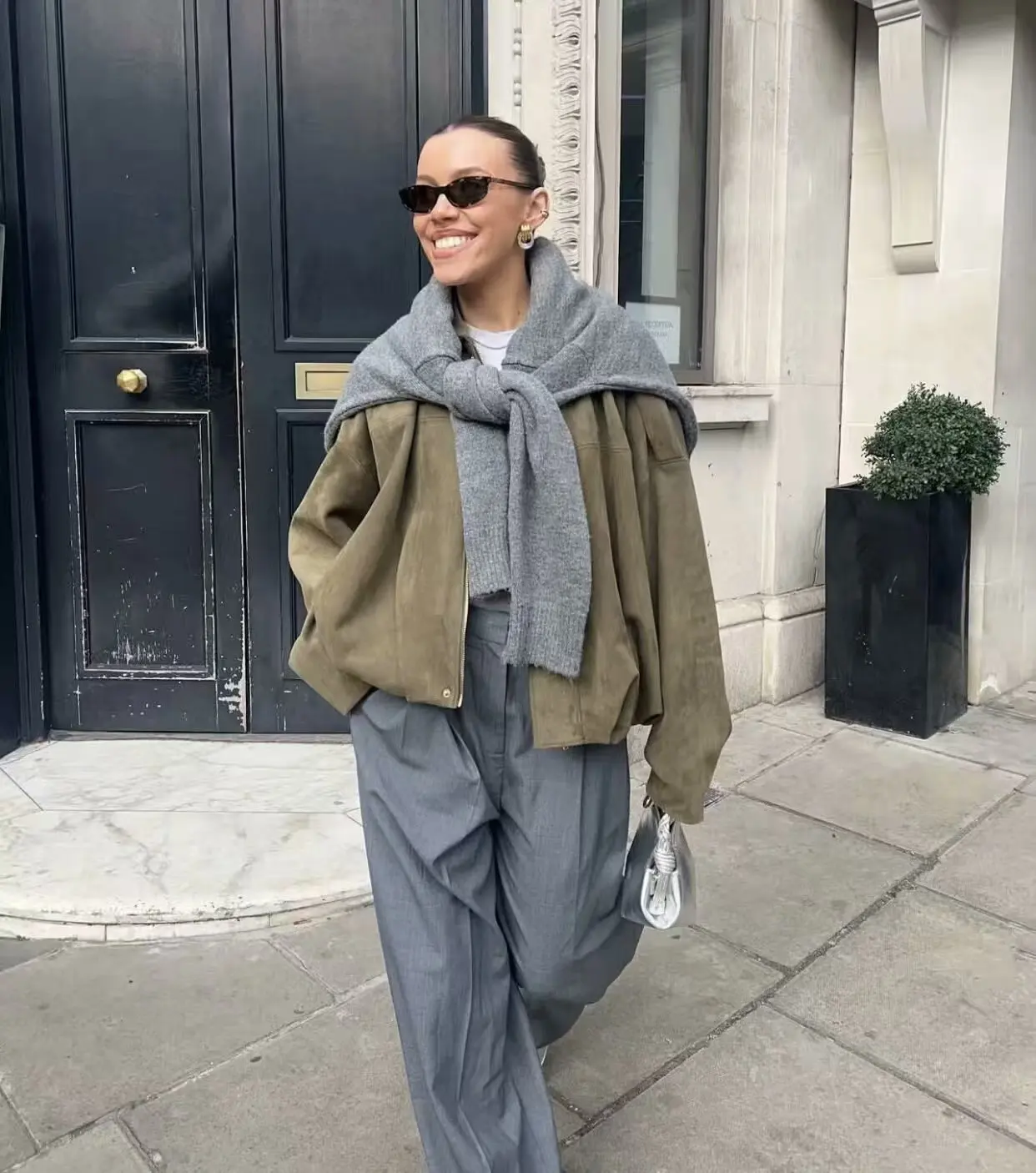 Women Bomber Jackets Suede Texture Coats Fashion Turn-down Collar Long Sleeve Loose Vintage Female Outerwear Chic Top Streetwear