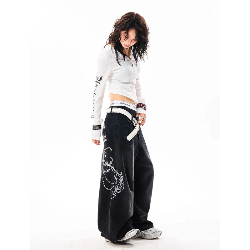 YIBASHU Women Vintage Embroidery Y2K Baggy Jeans Female High Waist 2000s Wide Leg Denim Pants American Retro Harajuku Trouser