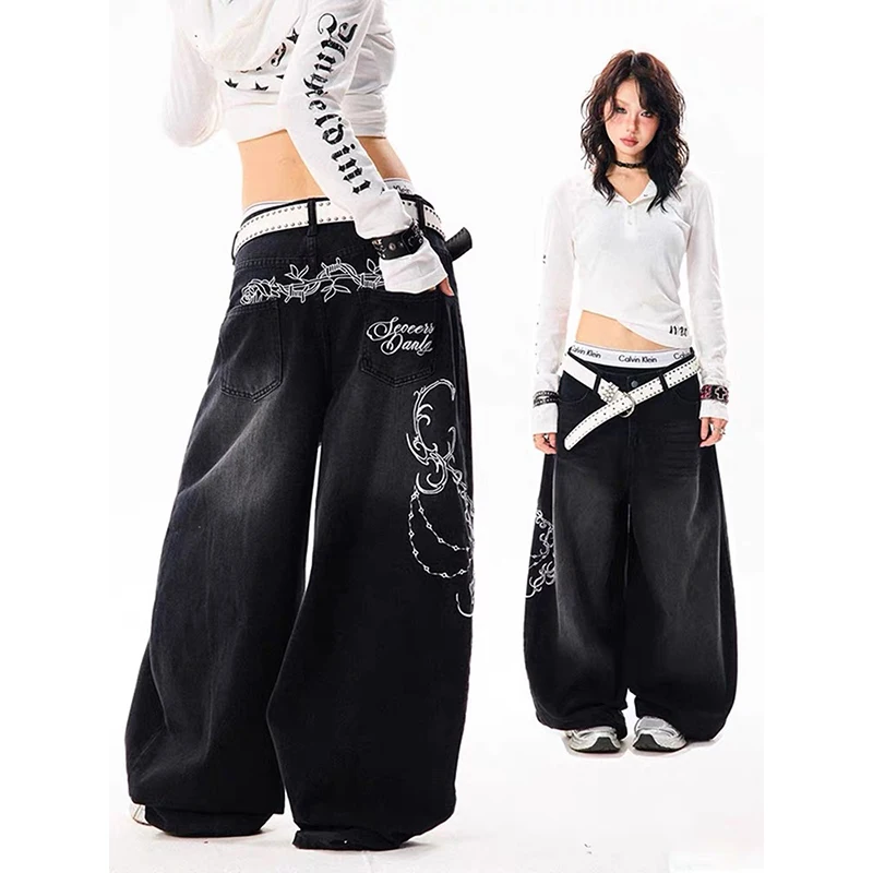 YIBASHU Women Vintage Embroidery Y2K Baggy Jeans Female High Waist 2000s Wide Leg Denim Pants American Retro Harajuku Trouser