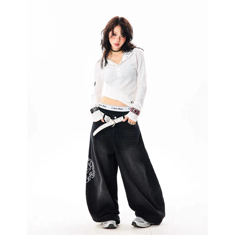 YIBASHU Women Vintage Embroidery Y2K Baggy Jeans Female High Waist 2000s Wide Leg Denim Pants American Retro Harajuku Trouser