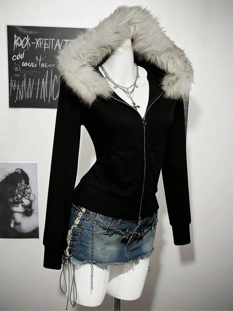 Y2K Harajuku Gothic Women's Hoodie Sexy Slim Chic Suede Fur Collar Letter Print Cardigan Sweatshirt Female Streetwear