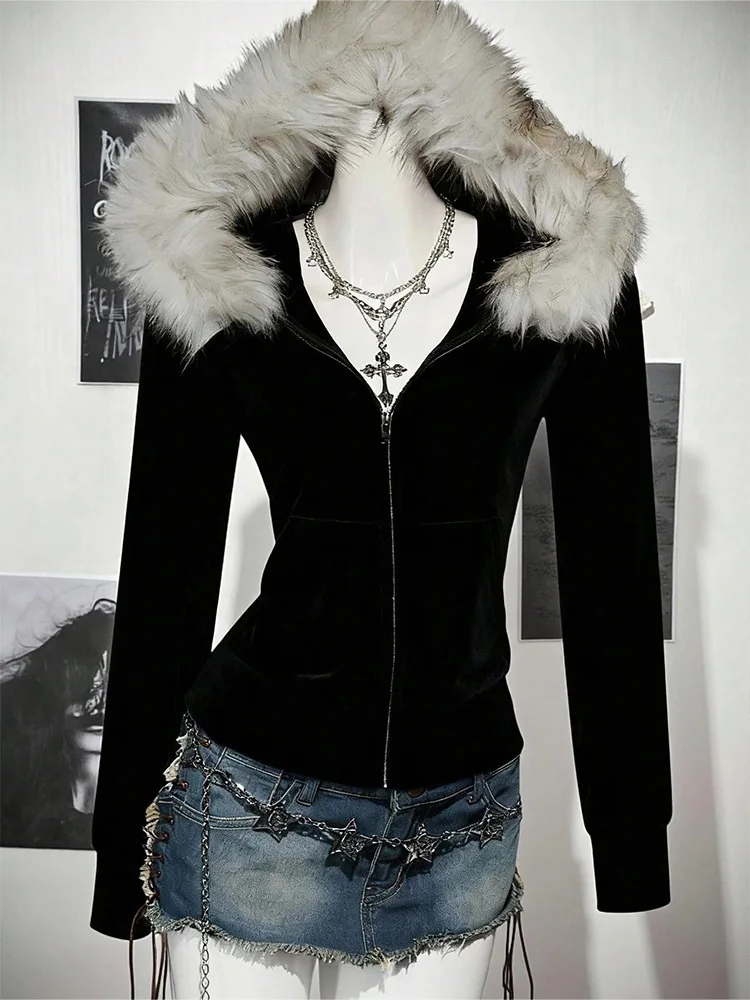 Y2K Harajuku Gothic Women's Hoodie Sexy Slim Chic Suede Fur Collar Letter Print Cardigan Sweatshirt Female Streetwear
