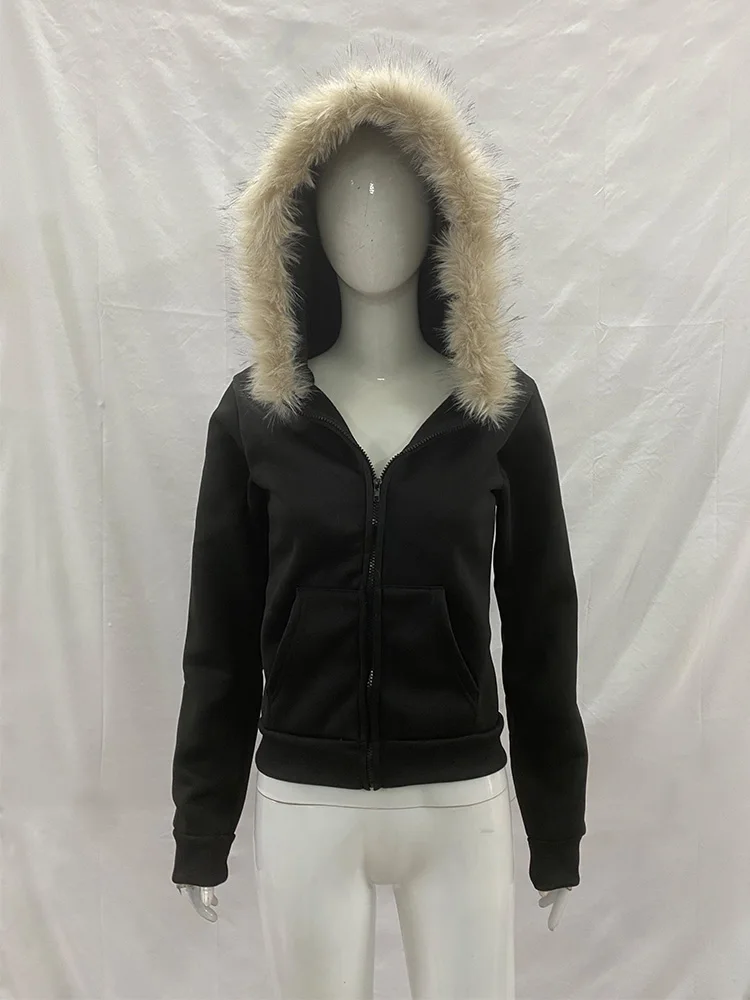 Y2K Harajuku Gothic Women's Hoodie Sexy Slim Chic Suede Fur Collar Letter Print Cardigan Sweatshirt Female Streetwear