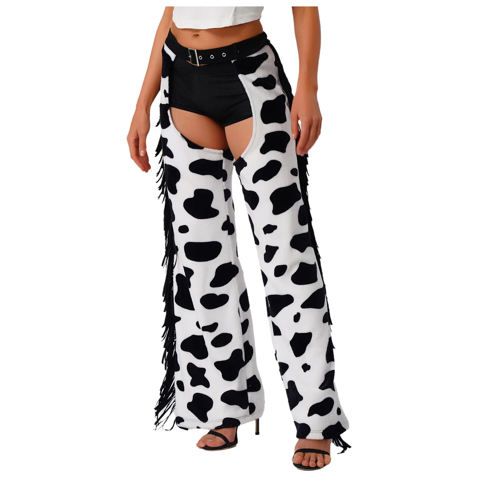 Womens Cow Spot Pattern Flannel Long Pants Adjustable Waist Open Crotch Biking Riding Cowgirl Chaps Halloween Cospaly Costume