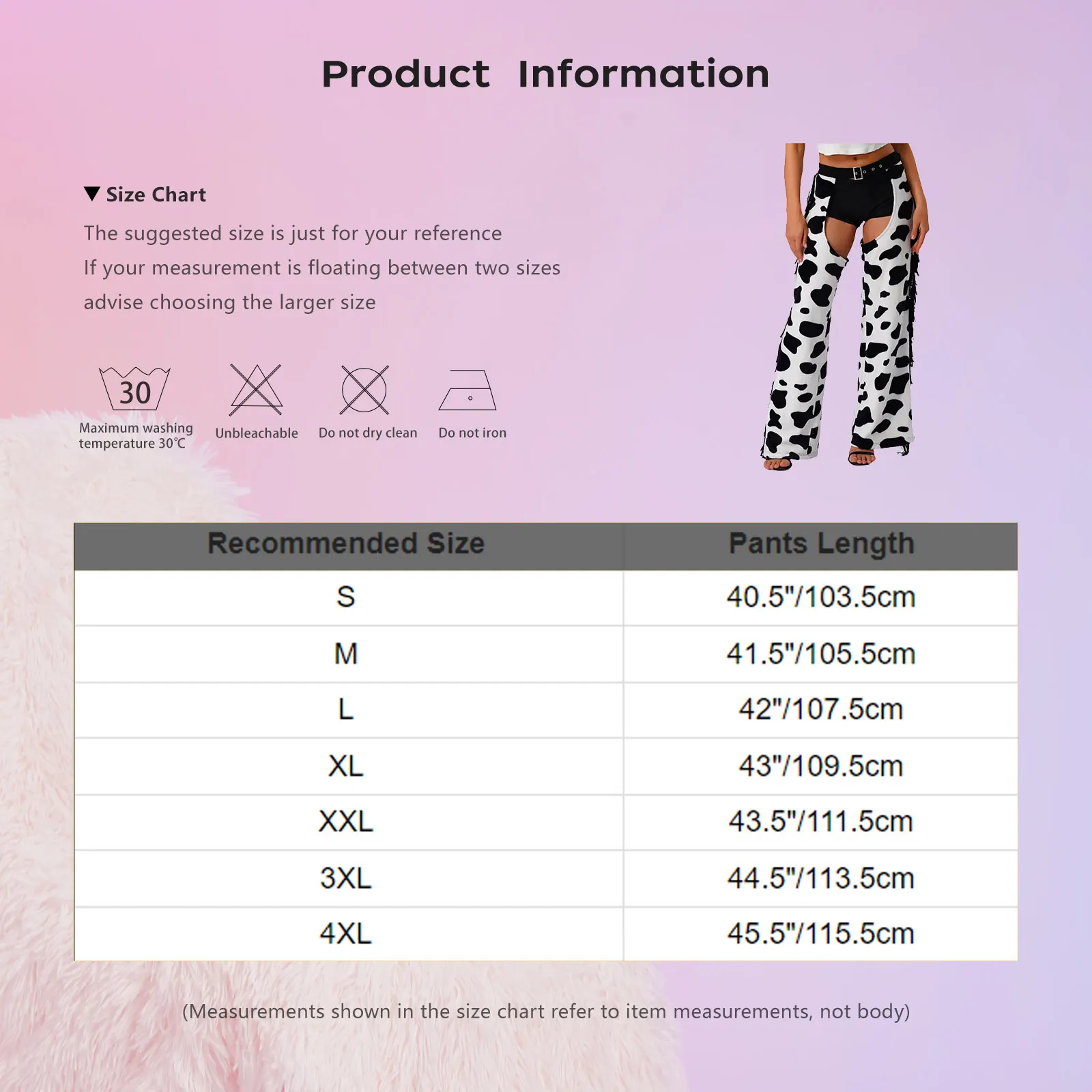 Womens Cow Spot Pattern Flannel Long Pants Adjustable Waist Open Crotch Biking Riding Cowgirl Chaps Halloween Cospaly Costume
