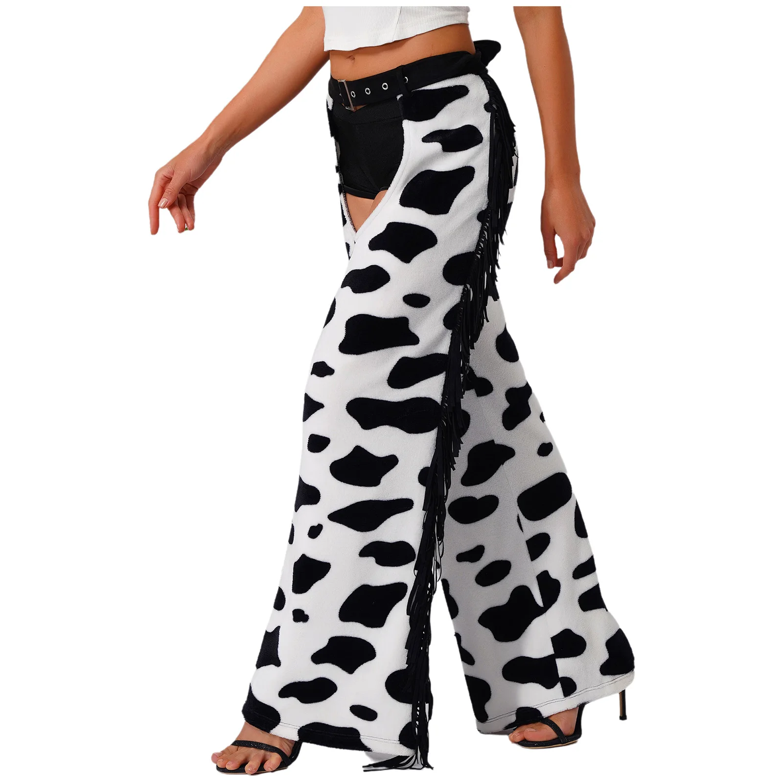 Womens Cow Spot Pattern Flannel Long Pants Adjustable Waist Open Crotch Biking Riding Cowgirl Chaps Halloween Cospaly Costume