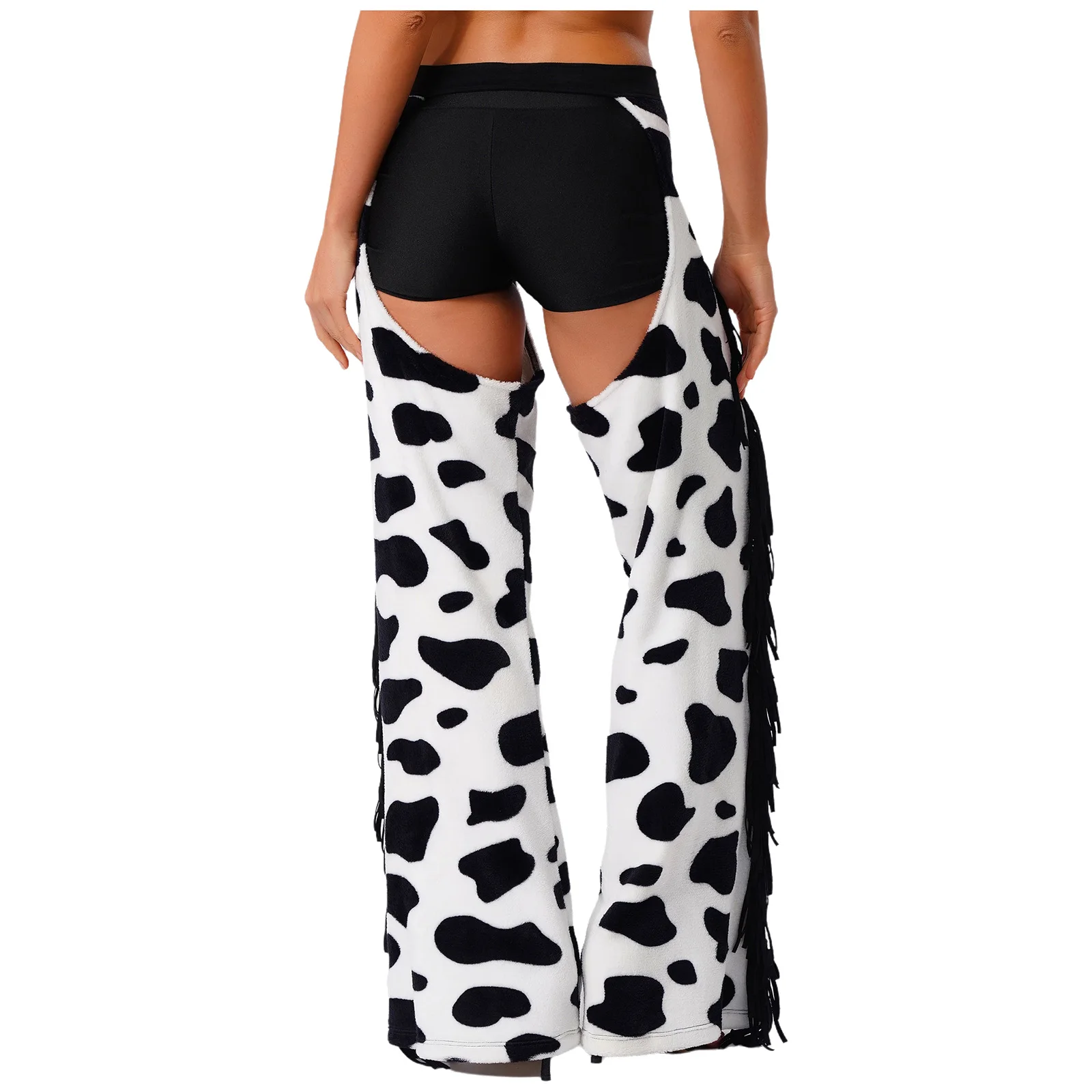 Womens Cow Spot Pattern Flannel Long Pants Adjustable Waist Open Crotch Biking Riding Cowgirl Chaps Halloween Cospaly Costume