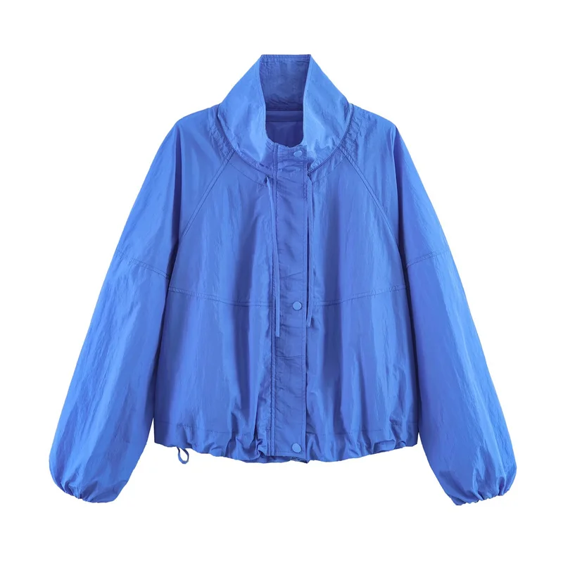 Women's Jacket 2026 Autumn New Style Blue Long-Sleeve Pleated Drawstring Decorative Nylon Loose Jacket Casual Fashion Versatile