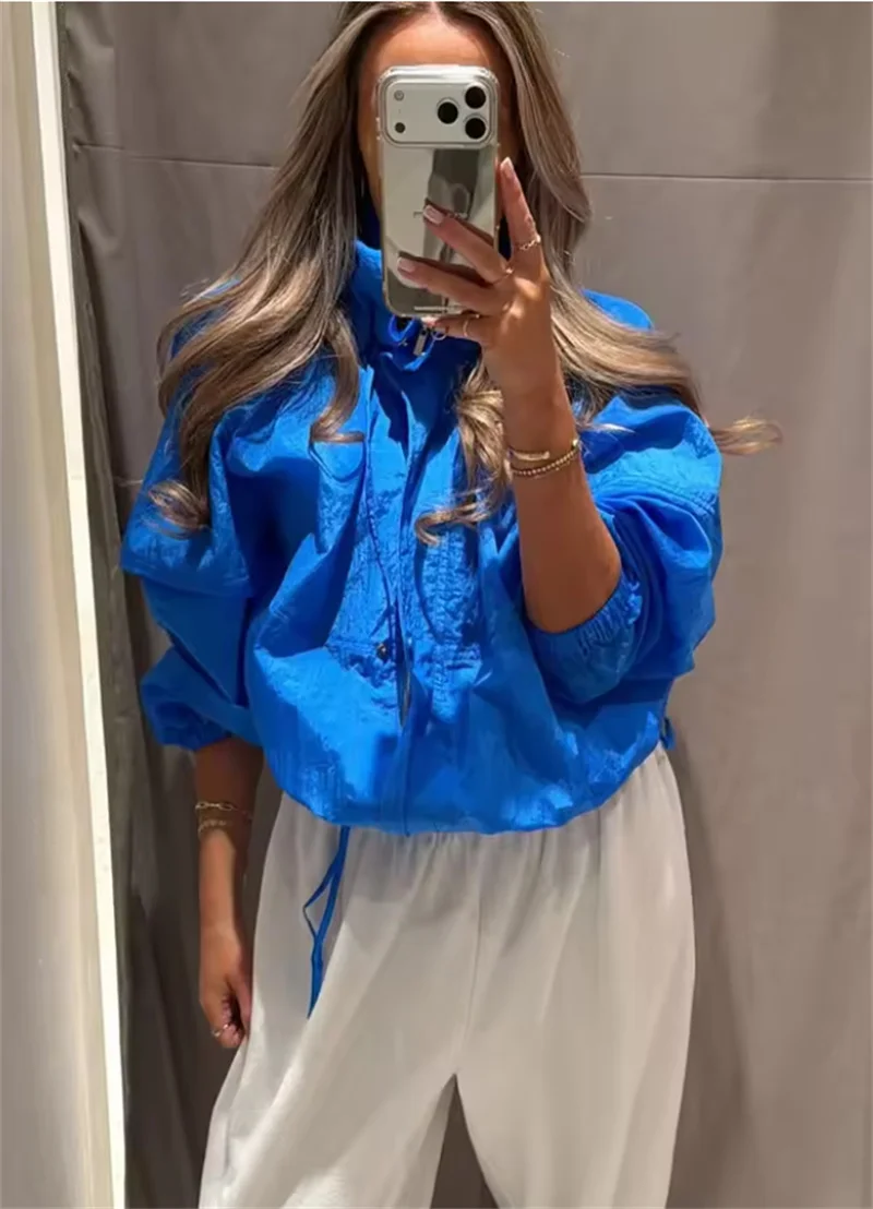 Women's Jacket 2026 Autumn New Style Blue Long-Sleeve Pleated Drawstring Decorative Nylon Loose Jacket Casual Fashion Versatile