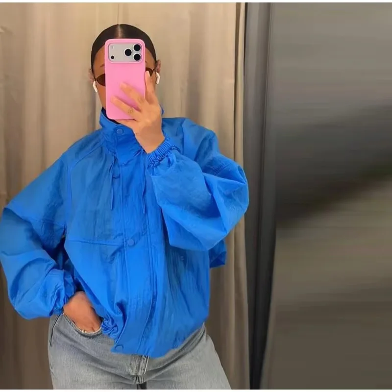 Women's Jacket 2026 Autumn New Style Blue Long-Sleeve Pleated Drawstring Decorative Nylon Loose Jacket Casual Fashion Versatile