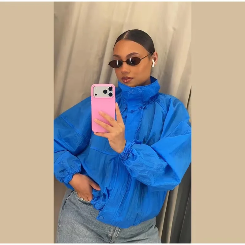 Women's Jacket 2026 Autumn New Style Blue Long-Sleeve Pleated Drawstring Decorative Nylon Loose Jacket Casual Fashion Versatile