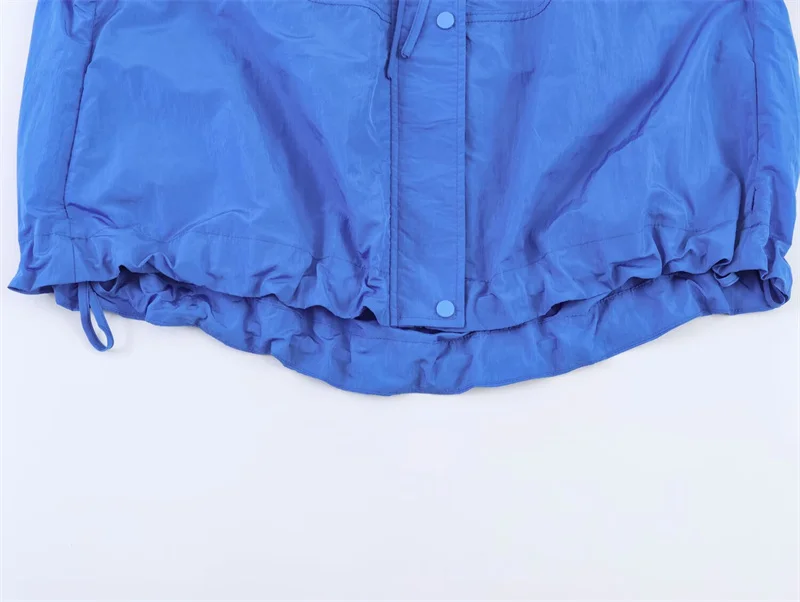 Women's Jacket 2026 Autumn New Style Blue Long-Sleeve Pleated Drawstring Decorative Nylon Loose Jacket Casual Fashion Versatile