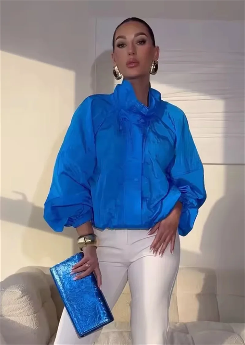 Women's Jacket 2026 Autumn New Style Blue Long-Sleeve Pleated Drawstring Decorative Nylon Loose Jacket Casual Fashion Versatile