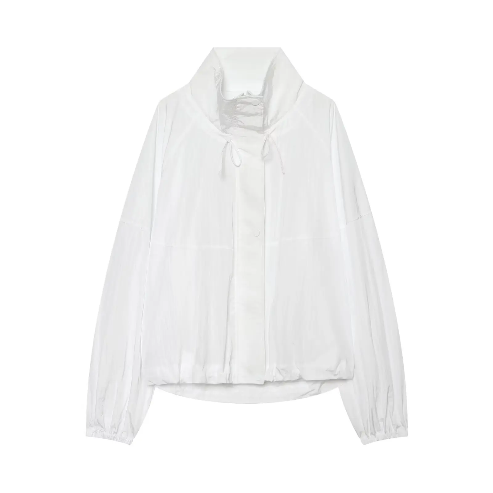 Women's Jacket 2026 Autumn New Style Blue Long-Sleeve Pleated Drawstring Decorative Nylon Loose Jacket Casual Fashion Versatile