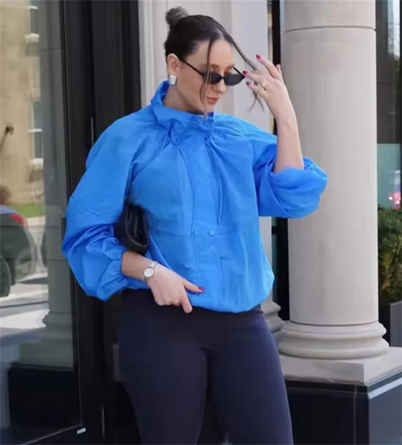 Women's Jacket 2026 Autumn New Style Blue Long-Sleeve Pleated Drawstring Decorative Nylon Loose Jacket Casual Fashion Versatile