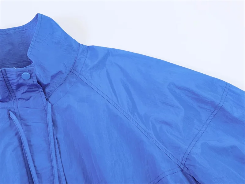 Women's Jacket 2026 Autumn New Style Blue Long-Sleeve Pleated Drawstring Decorative Nylon Loose Jacket Casual Fashion Versatile