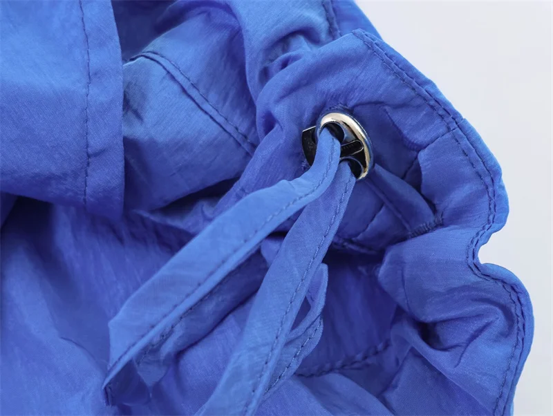 Women's Jacket 2026 Autumn New Style Blue Long-Sleeve Pleated Drawstring Decorative Nylon Loose Jacket Casual Fashion Versatile