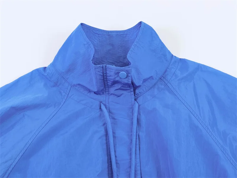 Women's Jacket 2026 Autumn New Style Blue Long-Sleeve Pleated Drawstring Decorative Nylon Loose Jacket Casual Fashion Versatile