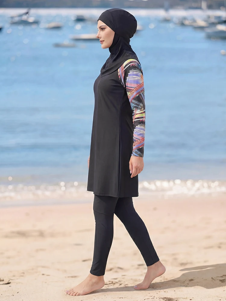 3PCS/set UV Protection Burkini for Women, Long Sleeve Printed Islamic Modest Swimsuit , Breathable Quick-Drying Muslim Beachwear
