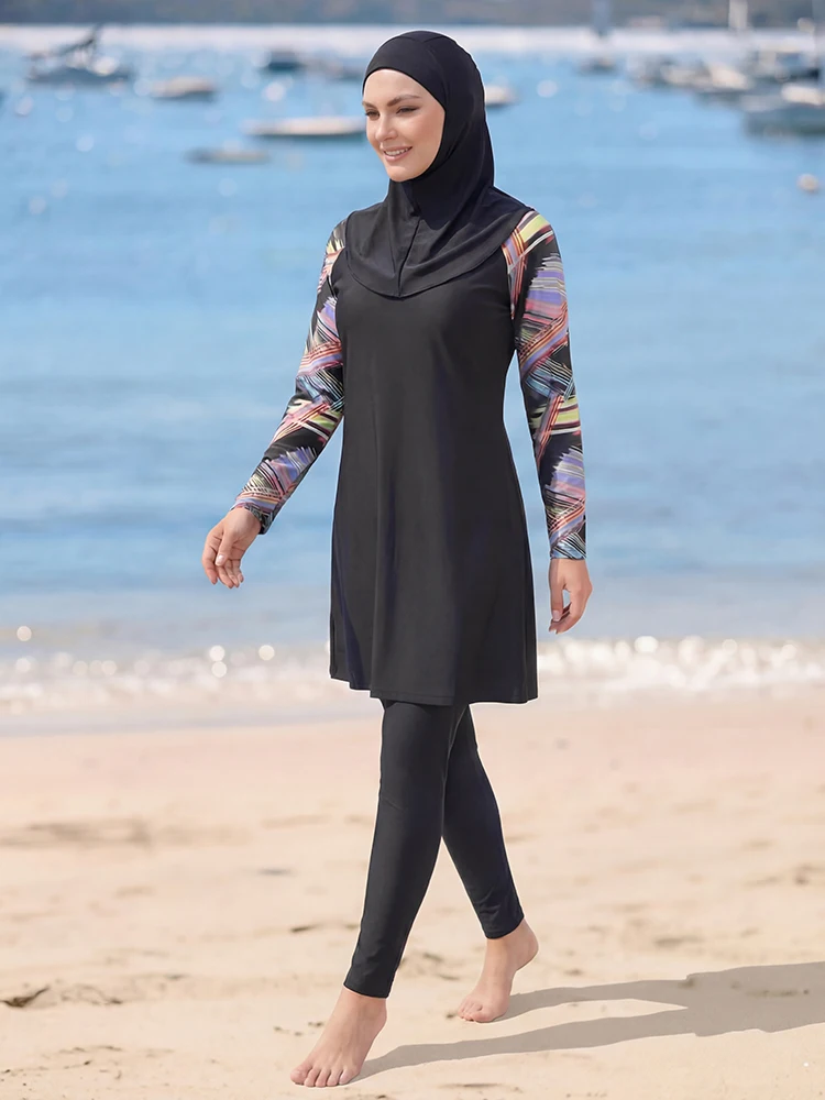 3PCS/set UV Protection Burkini for Women, Long Sleeve Printed Islamic Modest Swimsuit , Breathable Quick-Drying Muslim Beachwear