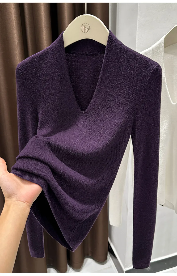 AOSSVIAO Autumn Winter Black V-Neck Women's Pullover Long Sleeve Slim Fit Soft Knit Sweater Soft Versatile Basic Layering Tops