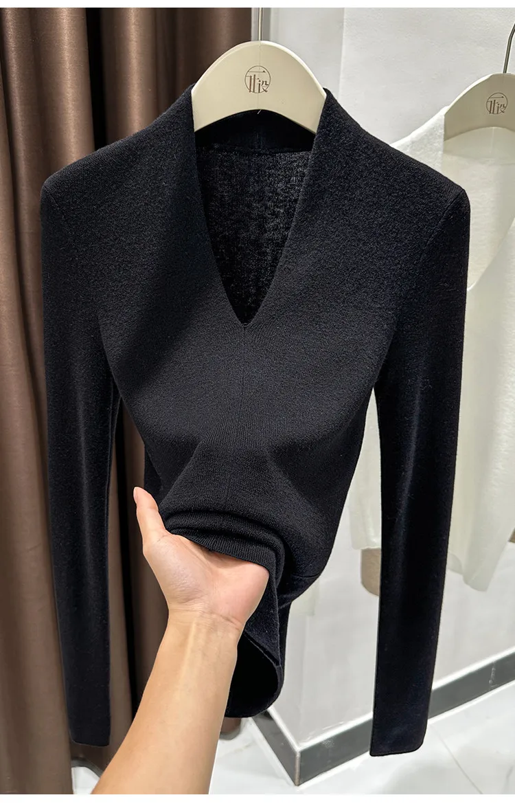 AOSSVIAO Autumn Winter Black V-Neck Women's Pullover Long Sleeve Slim Fit Soft Knit Sweater Soft Versatile Basic Layering Tops