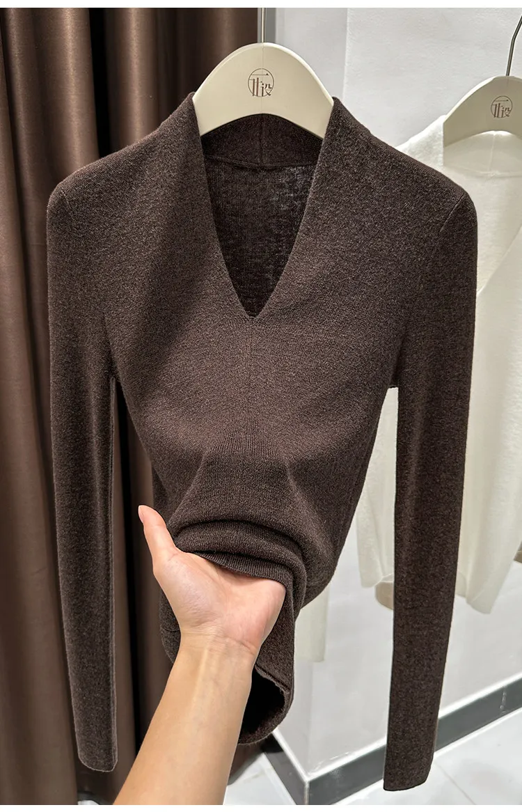 AOSSVIAO Autumn Winter Black V-Neck Women's Pullover Long Sleeve Slim Fit Soft Knit Sweater Soft Versatile Basic Layering Tops