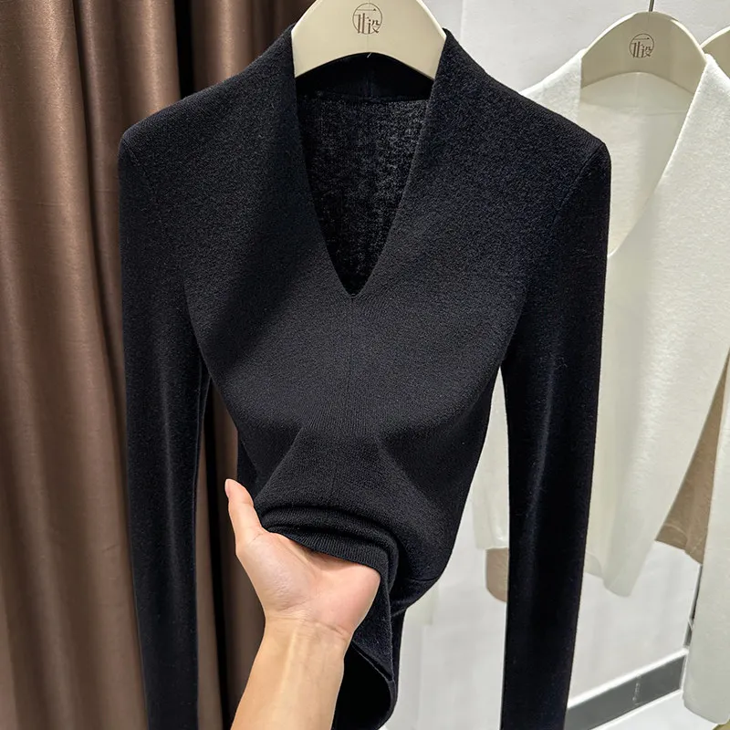 AOSSVIAO Autumn Winter Black V-Neck Women's Pullover Long Sleeve Slim Fit Soft Knit Sweater Soft Versatile Basic Layering Tops