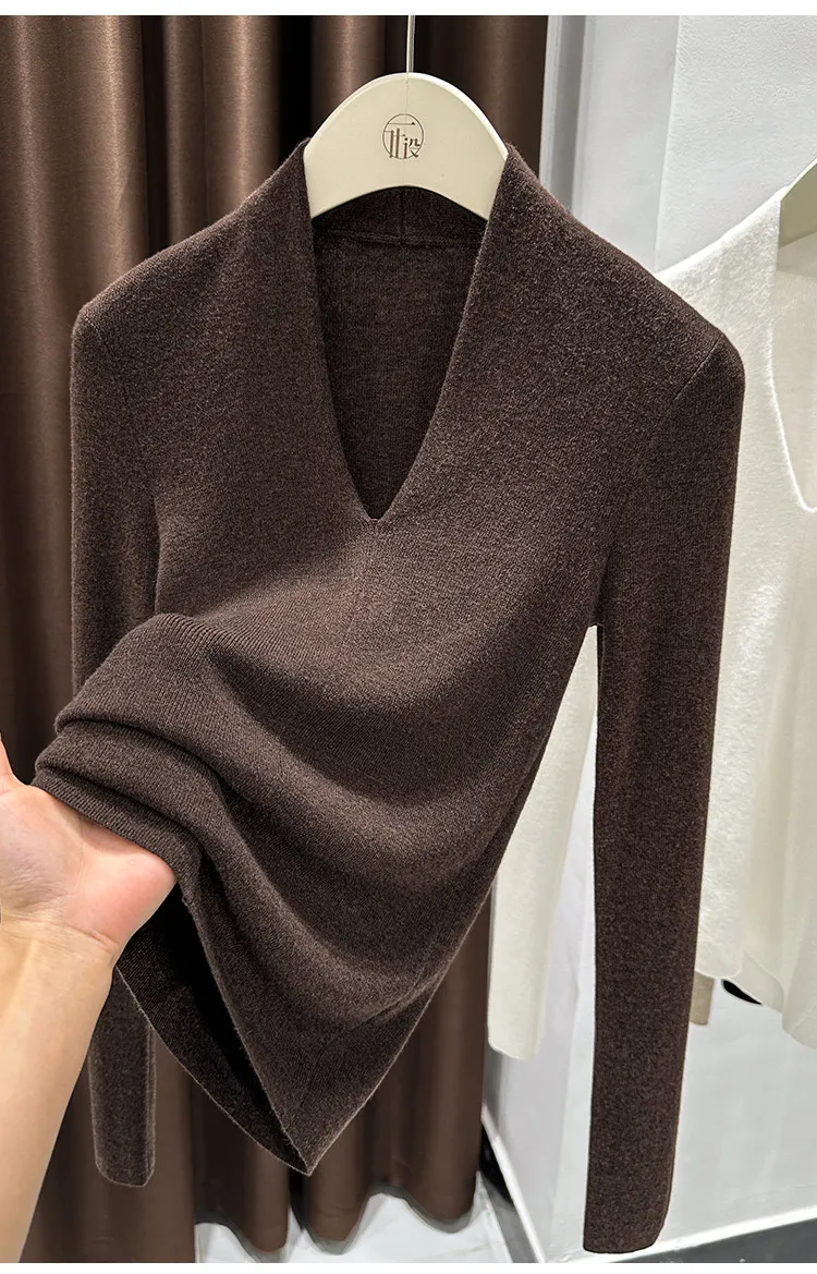 AOSSVIAO Autumn Winter Black V-Neck Women's Pullover Long Sleeve Slim Fit Soft Knit Sweater Soft Versatile Basic Layering Tops
