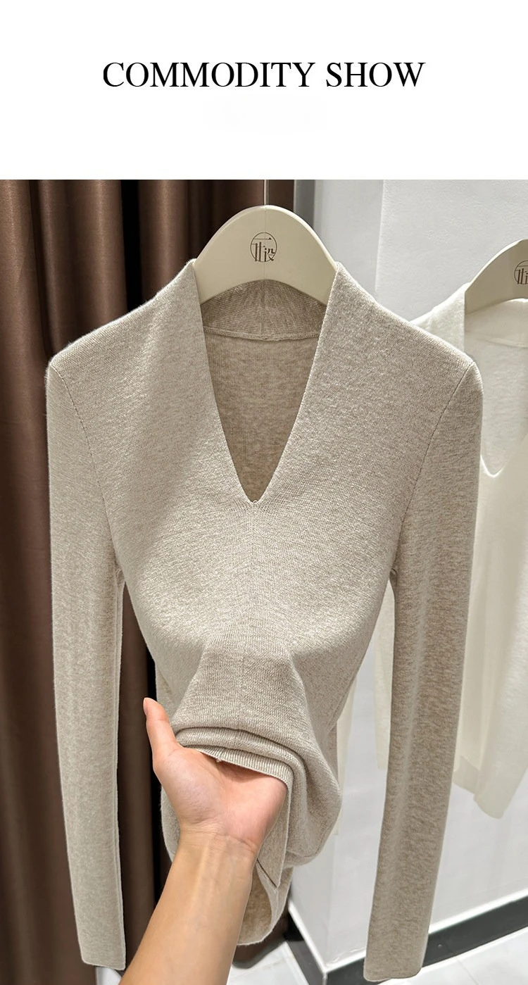 AOSSVIAO Autumn Winter Black V-Neck Women's Pullover Long Sleeve Slim Fit Soft Knit Sweater Soft Versatile Basic Layering Tops