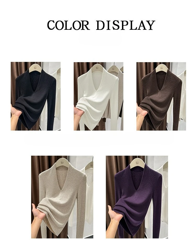 AOSSVIAO Autumn Winter Black V-Neck Women's Pullover Long Sleeve Slim Fit Soft Knit Sweater Soft Versatile Basic Layering Tops