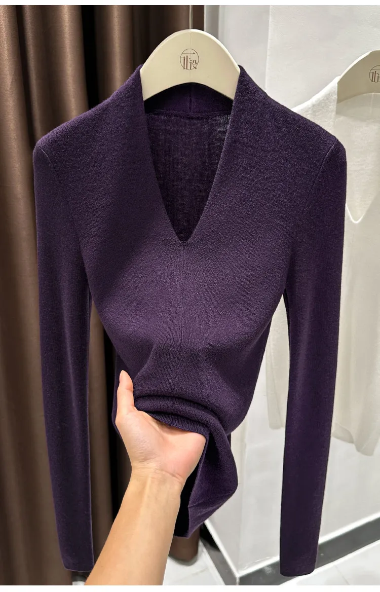 AOSSVIAO Autumn Winter Black V-Neck Women's Pullover Long Sleeve Slim Fit Soft Knit Sweater Soft Versatile Basic Layering Tops