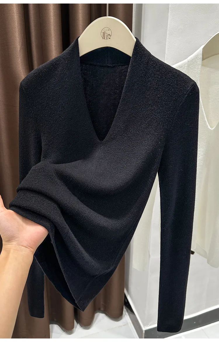 AOSSVIAO Autumn Winter Black V-Neck Women's Pullover Long Sleeve Slim Fit Soft Knit Sweater Soft Versatile Basic Layering Tops
