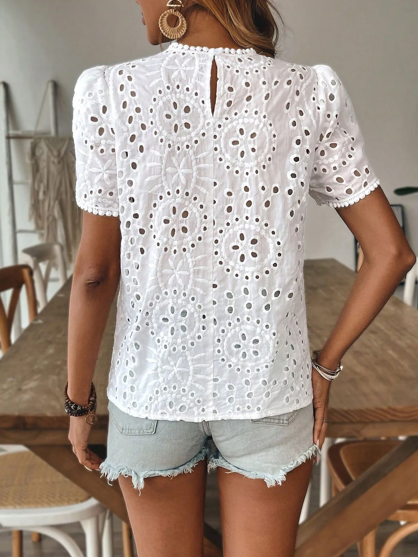 Women's 100% Cotton Elegant Cut-Out Lace Shirt – Short-Sleeve Crew Neck Casual Top