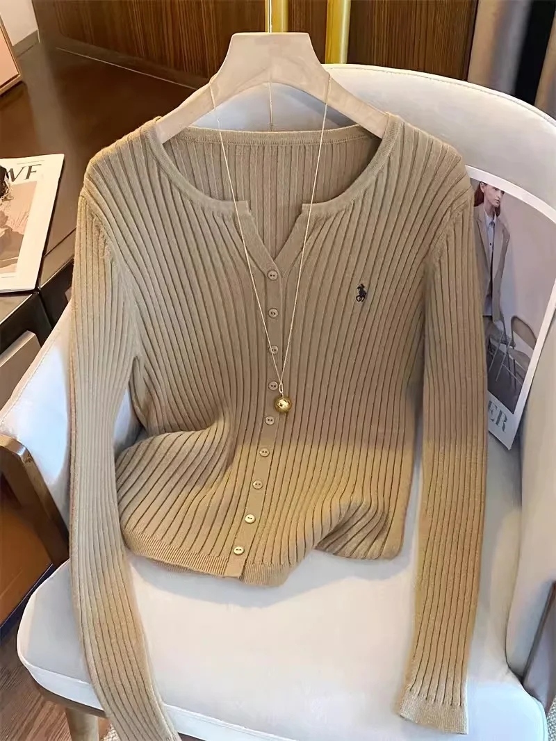 New Women Solid Fashion Knitted Tops Y2K Embroidery Long Sleeve Cardigans Sweaters Fashion Streetwear Lady Shirts