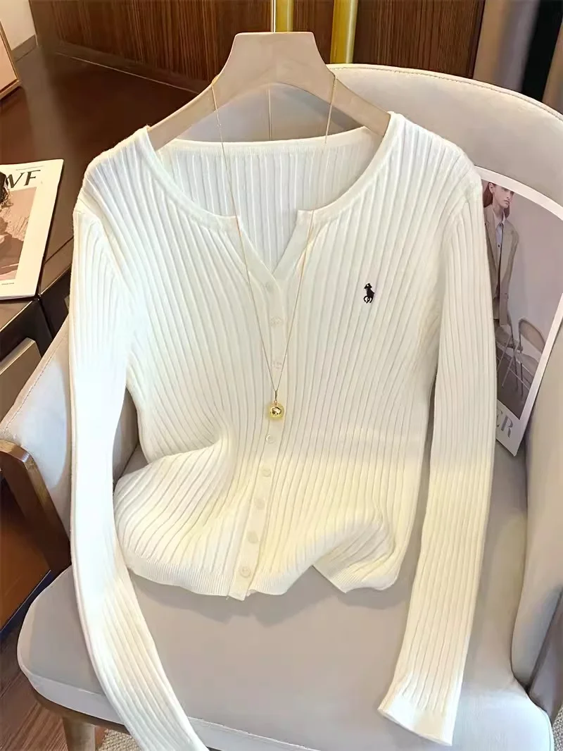 New Women Solid Fashion Knitted Tops Y2K Embroidery Long Sleeve Cardigans Sweaters Fashion Streetwear Lady Shirts