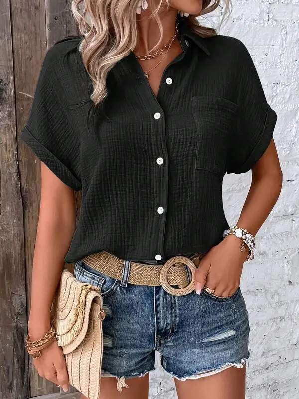 Women Casual Cotton Blouse Vintage Summer Short Sleeve Slim Shirt Elegant Turn Down Collar Solid Tunics Harajuku Streetwear Tops