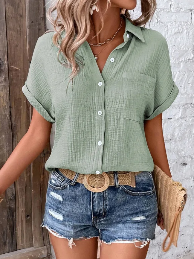 Women Casual Cotton Blouse Vintage Summer Short Sleeve Slim Shirt Elegant Turn Down Collar Solid Tunics Harajuku Streetwear Tops
