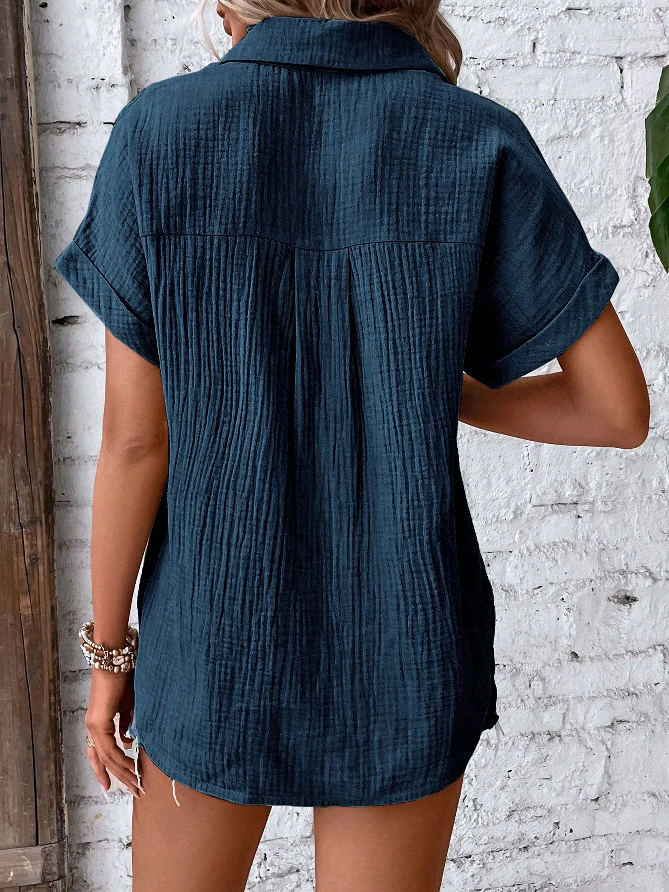 Women Casual Cotton Blouse Vintage Summer Short Sleeve Slim Shirt Elegant Turn Down Collar Solid Tunics Harajuku Streetwear Tops