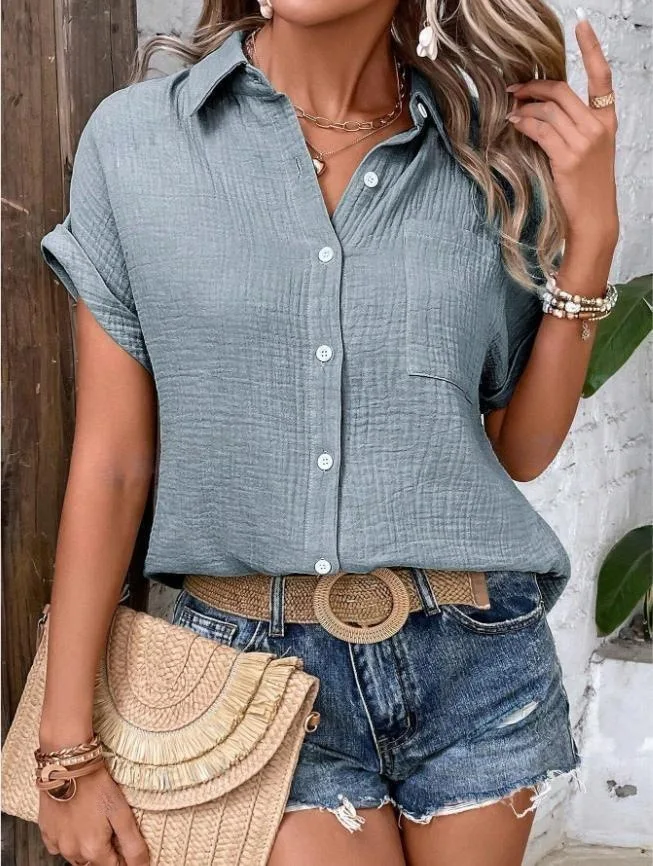 Women Casual Cotton Blouse Vintage Summer Short Sleeve Slim Shirt Elegant Turn Down Collar Solid Tunics Harajuku Streetwear Tops