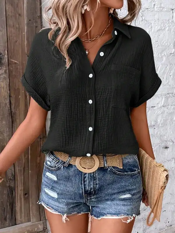 Women Casual Cotton Blouse Vintage Summer Short Sleeve Slim Shirt Elegant Turn Down Collar Solid Tunics Harajuku Streetwear Tops