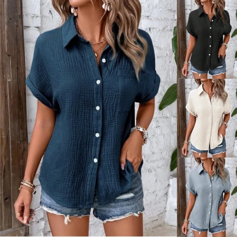 Women Casual Cotton Blouse Vintage Summer Short Sleeve Slim Shirt Elegant Turn Down Collar Solid Tunics Harajuku Streetwear Tops