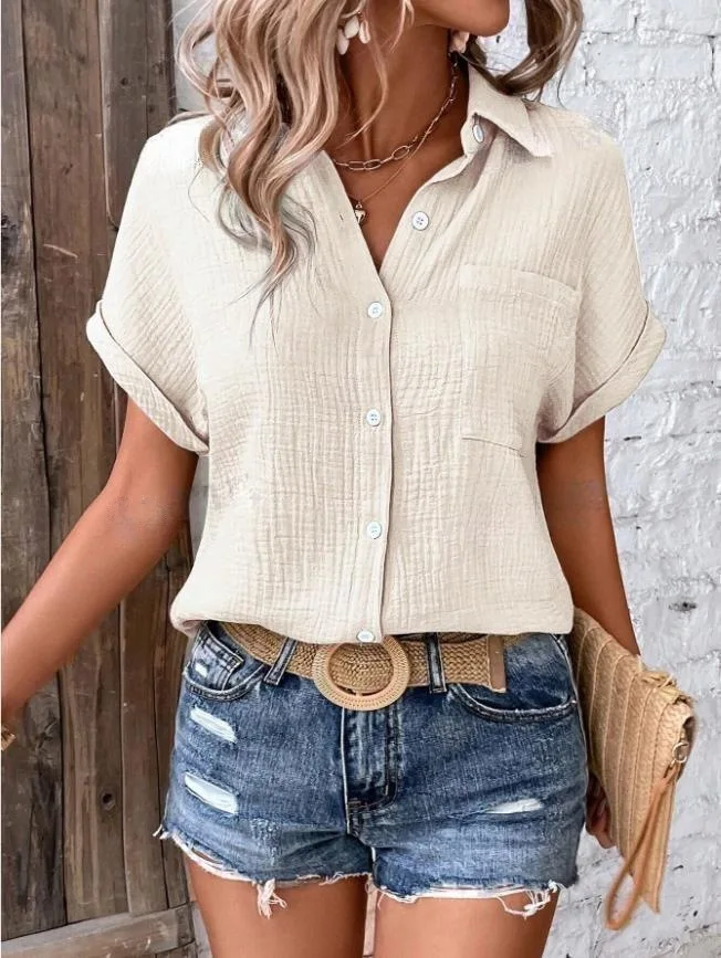Women Casual Cotton Blouse Vintage Summer Short Sleeve Slim Shirt Elegant Turn Down Collar Solid Tunics Harajuku Streetwear Tops