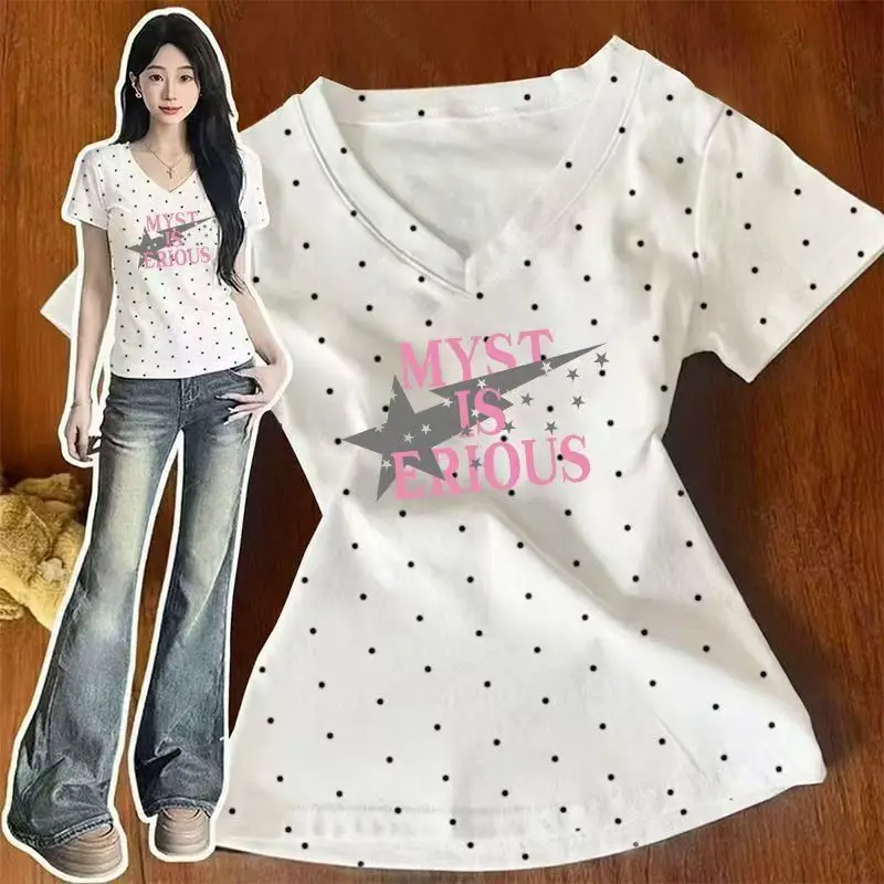Polka Dot Y2k T Shirts Women Kawaii Sweet Girl Short Sleeve Tee Vintage Slim Fit V Neck Summer Top