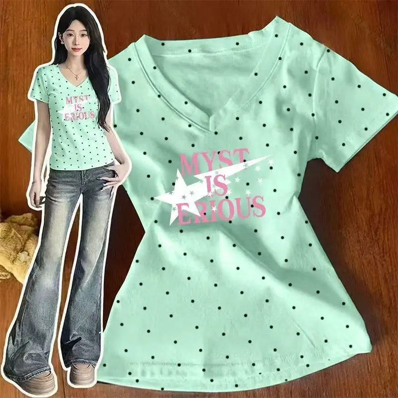 Polka Dot Y2k T Shirts Women Kawaii Sweet Girl Short Sleeve Tee Vintage Slim Fit V Neck Summer Top