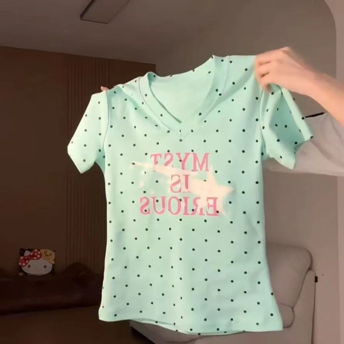 Polka Dot Y2k T Shirts Women Kawaii Sweet Girl Short Sleeve Tee Vintage Slim Fit V Neck Summer Top