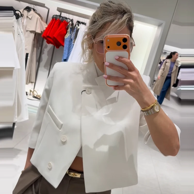 HXAO Asymmetric Crop White Blazer Woman Summer 2026 Office Wear Woman Elegant Button Short Sleeve Outerwear Fashion Suit Jacket