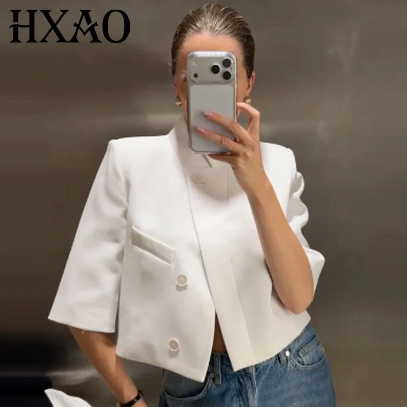 HXAO Asymmetric Crop White Blazer Woman Summer 2026 Office Wear Woman Elegant Button Short Sleeve Outerwear Fashion Suit Jacket