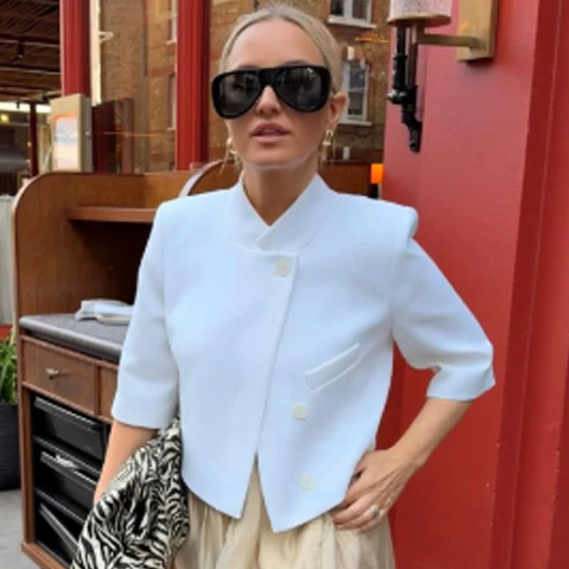 HXAO Asymmetric Crop White Blazer Woman Summer 2026 Office Wear Woman Elegant Button Short Sleeve Outerwear Fashion Suit Jacket