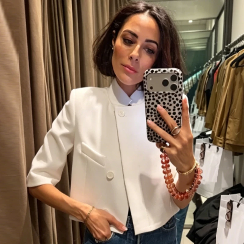 HXAO Asymmetric Crop White Blazer Woman Summer 2026 Office Wear Woman Elegant Button Short Sleeve Outerwear Fashion Suit Jacket